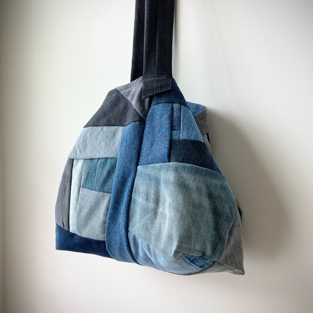joodito origami japanese boro dumpling shoulder bag patchwork denim jean hobo - Picture 3 of 12